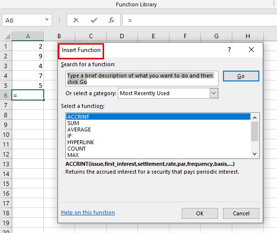 Insert Function in excel