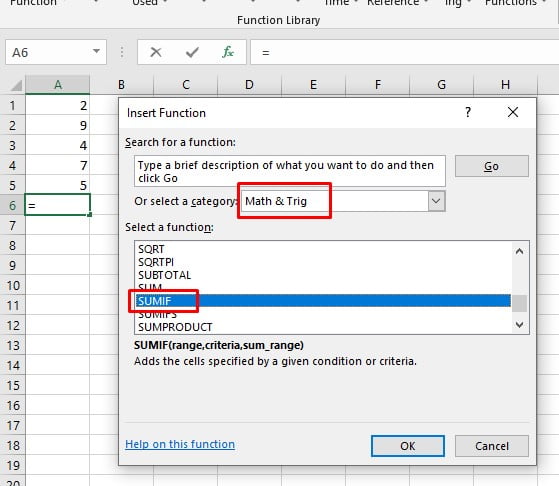 Insert Function in excel