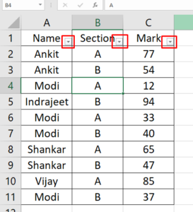 Filter applied in Excel