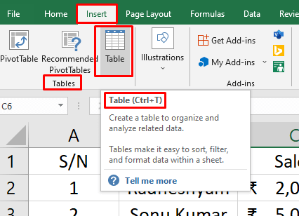 Insert Table in excel