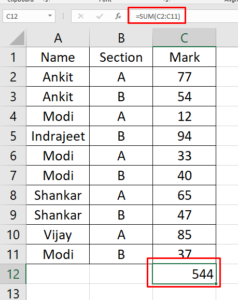 Sum function in Excel