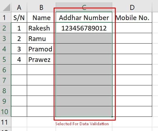 Selection of Cell for Data Validation