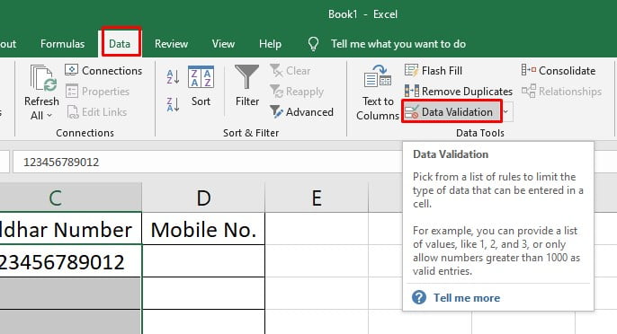 Data Validation Menu