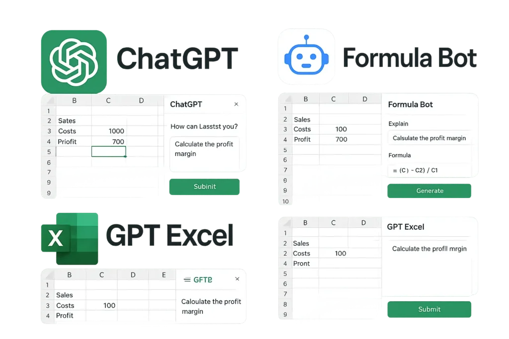 Collection of AI tool logos and interfaces for Excel including ChatGPT Formula Bot GPT Excel arranged professionally