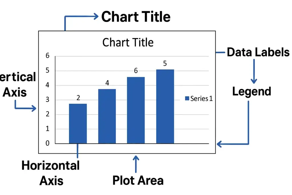 Excel chart with labeled elements showing title axis legend data labels and plot area with arrows pointing to each element
