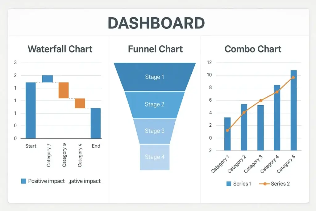 Excel dashboard with multiple advanced chart types including waterfall funnel and combo charts