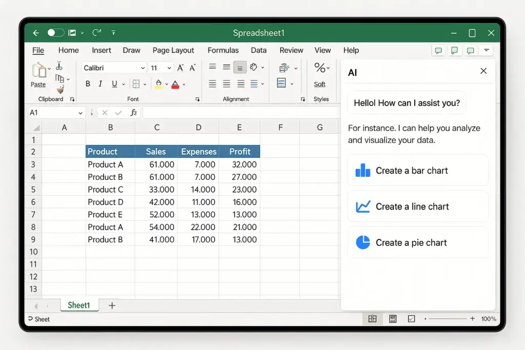 Modern Excel interface with AI assistant chatbot helping create charts and data analysis