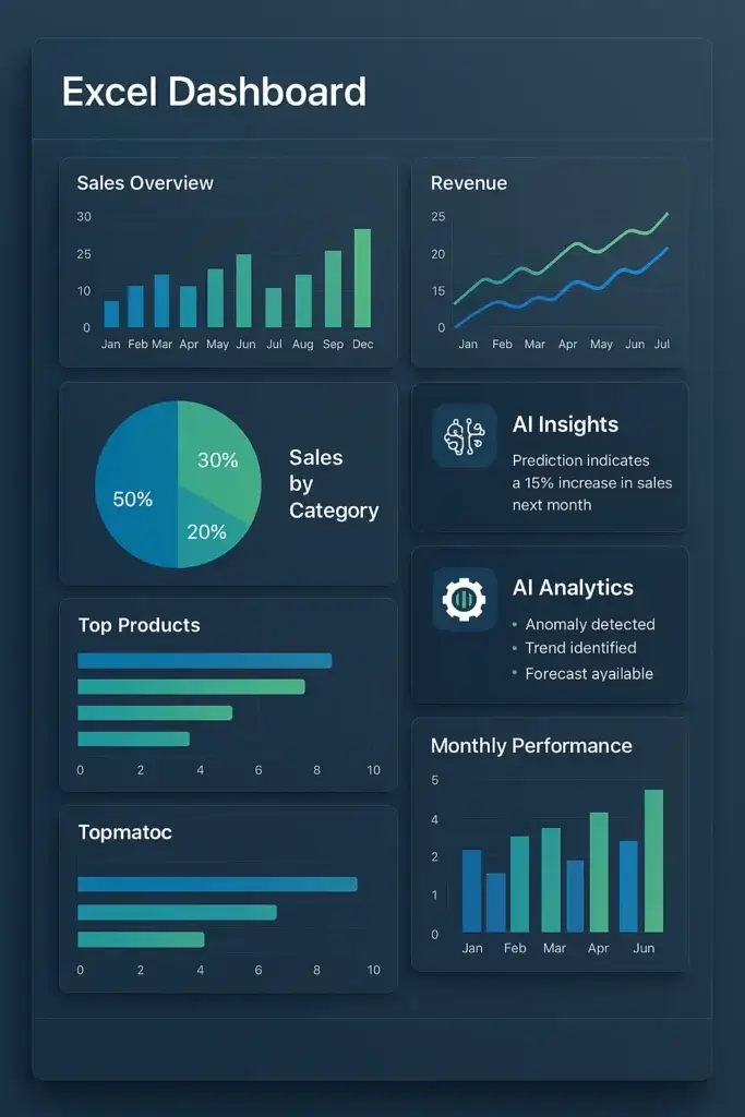 Professional dashboard showing Excel charts graphs and AI analytics tools with modern blue green color scheme