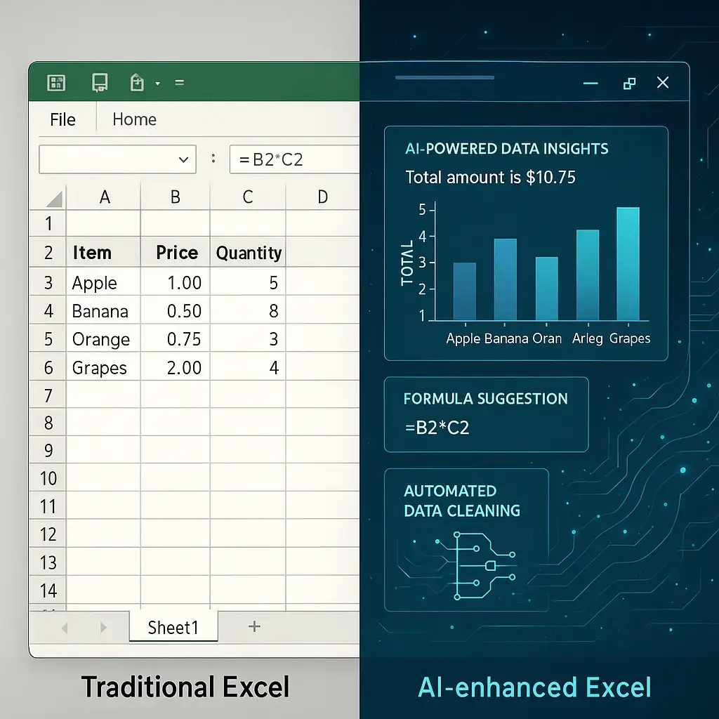 Split screen comparison showing traditional Excel on left and AI enhanced Excel on right with automation features